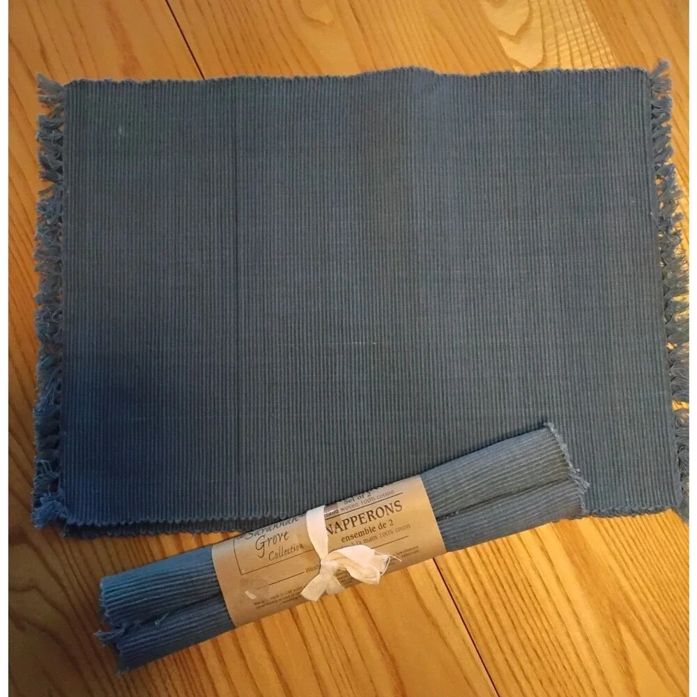 Savannah Grove Cotton Ribbed Placemats Dusty Blue 18x13 Fringed Edges Set Of 4